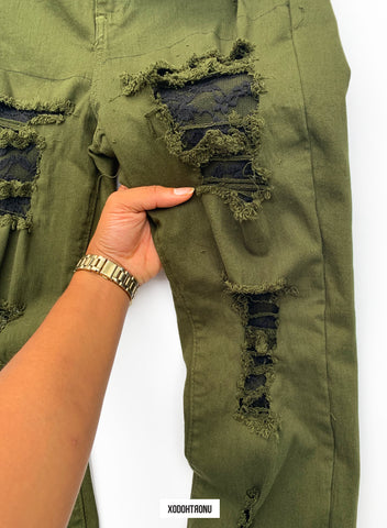 BT- Olive Lace Ripped Jeans [Size 13 women] R13